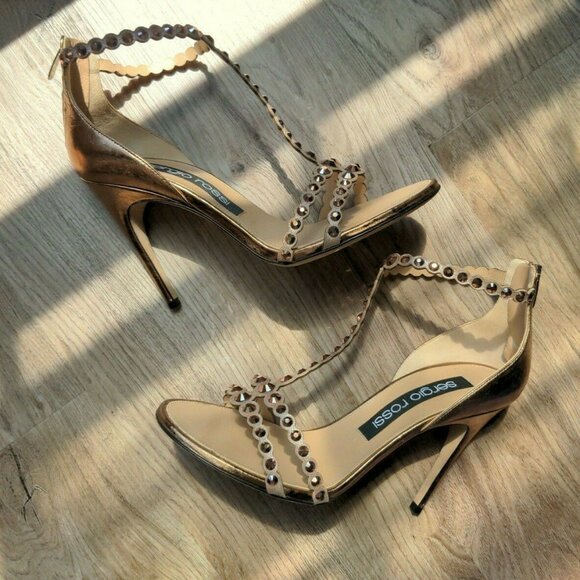 Sergio Rossi Crystal Stud Rose Gold Strappy Stiletto Heels - Picture 2 of 12